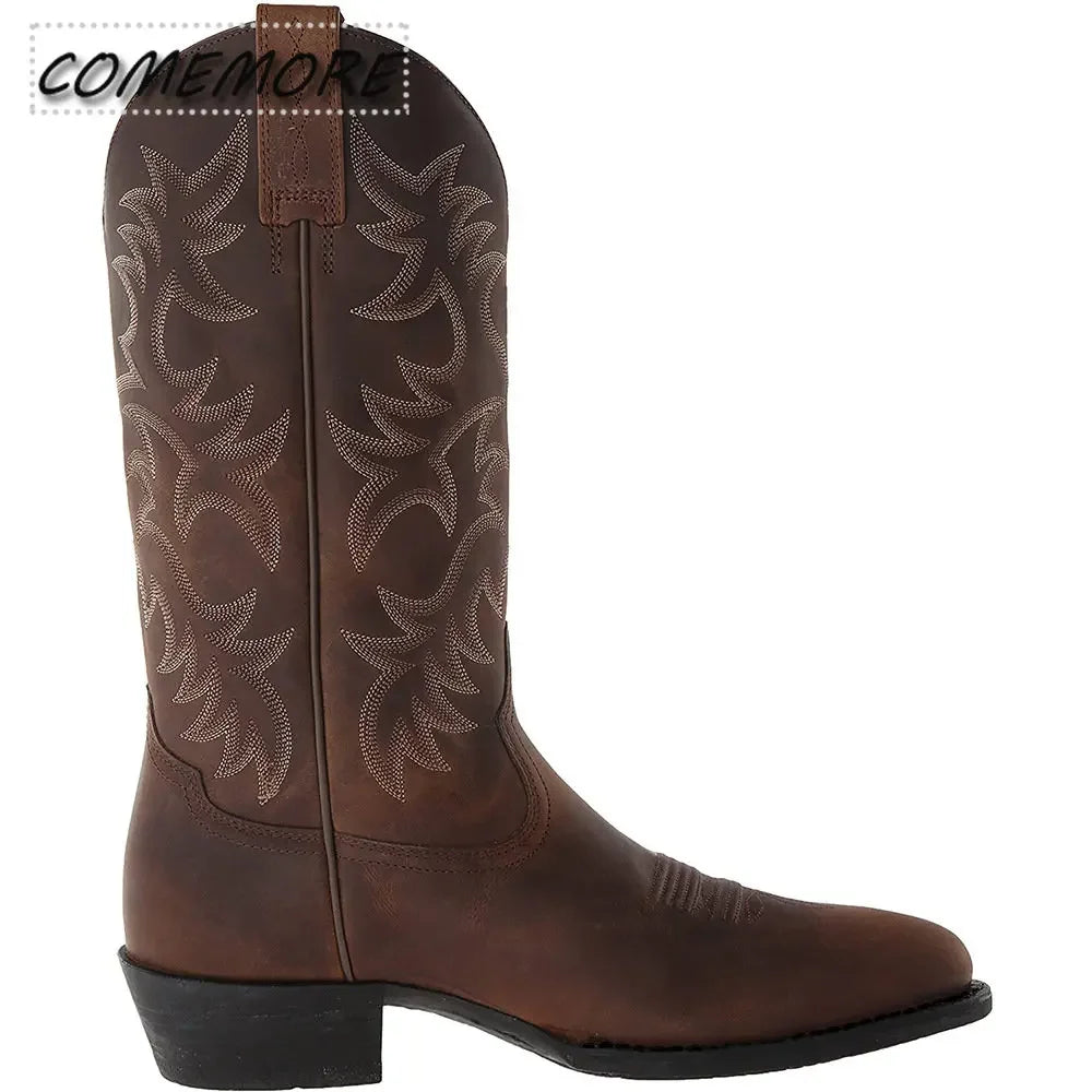 Men Mid-calf Boots Handmade Retro Western Cowboy Boots