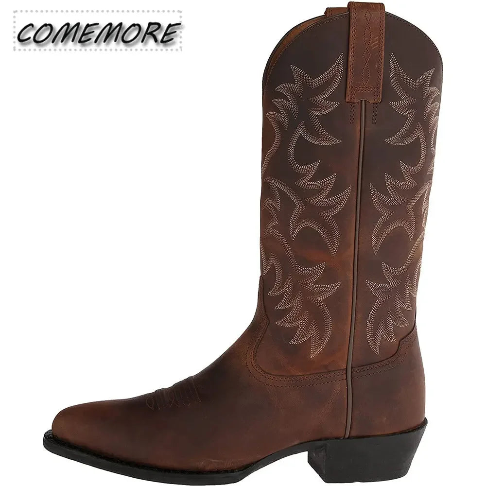 Men Mid-calf Boots Handmade Retro Western Cowboy Boots