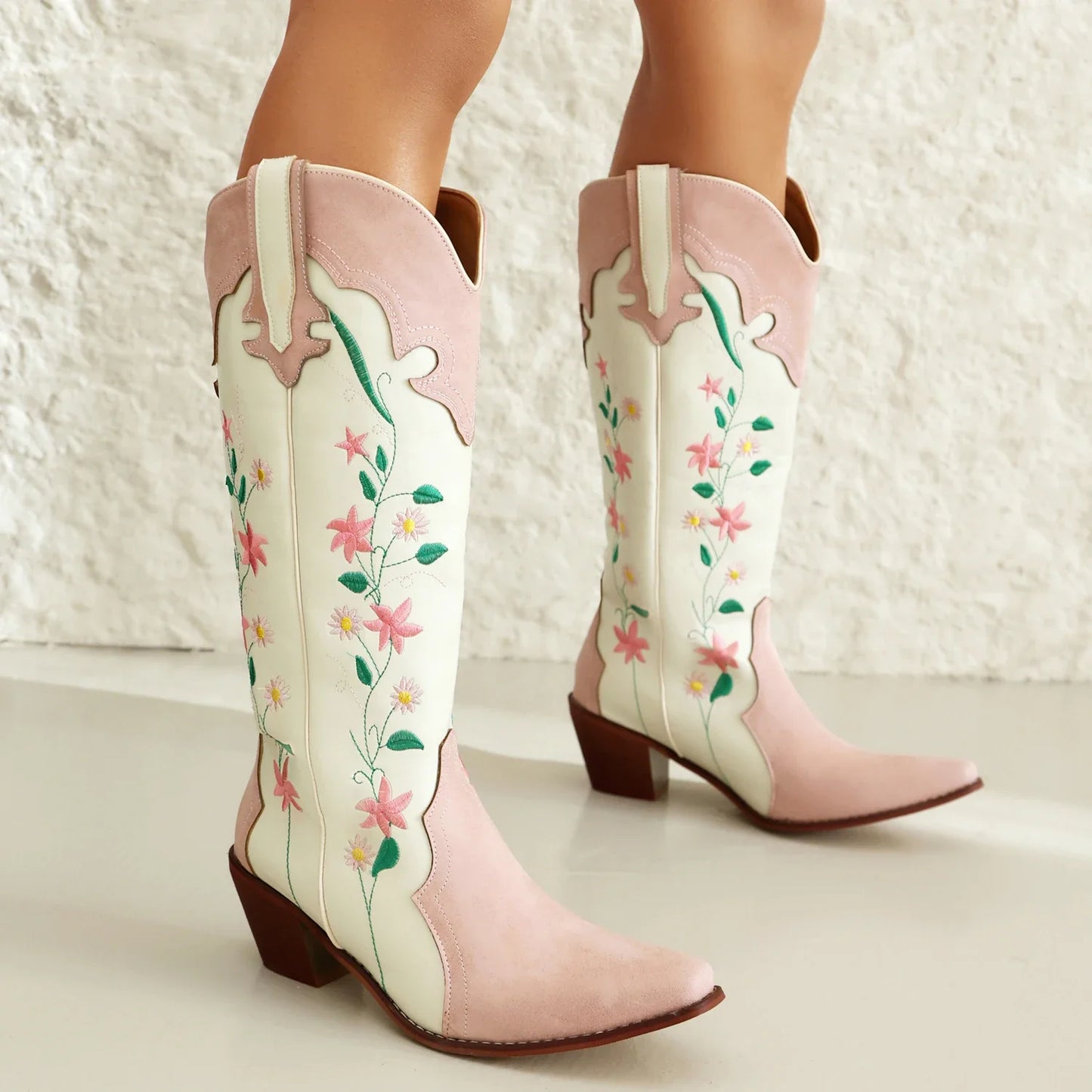 Women Sweet Lolita Cowgirl Boots Embroidery Floral Design