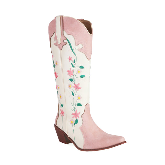 Women Sweet Lolita Cowgirl Boots Embroidery Floral Design