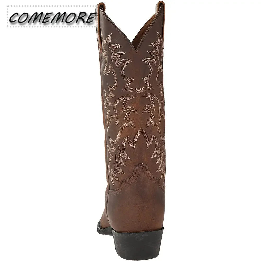 Men Mid-calf Boots Handmade Retro Western Cowboy Boots